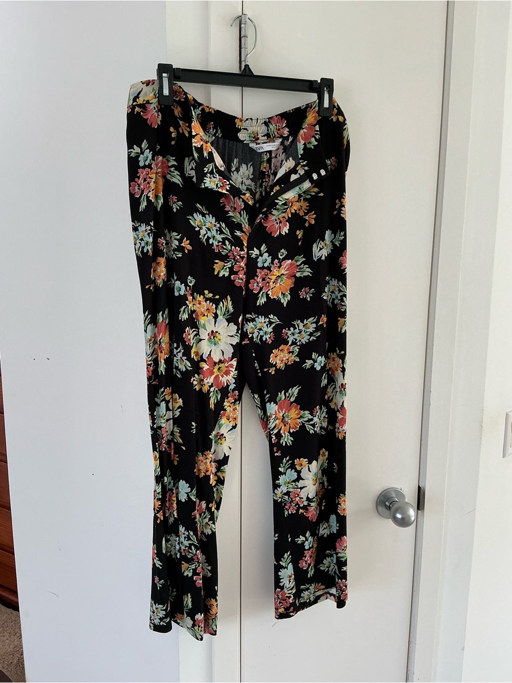 Zara Black Wide-Leg Floral Pants with Pink, Yellow & Green Blooms